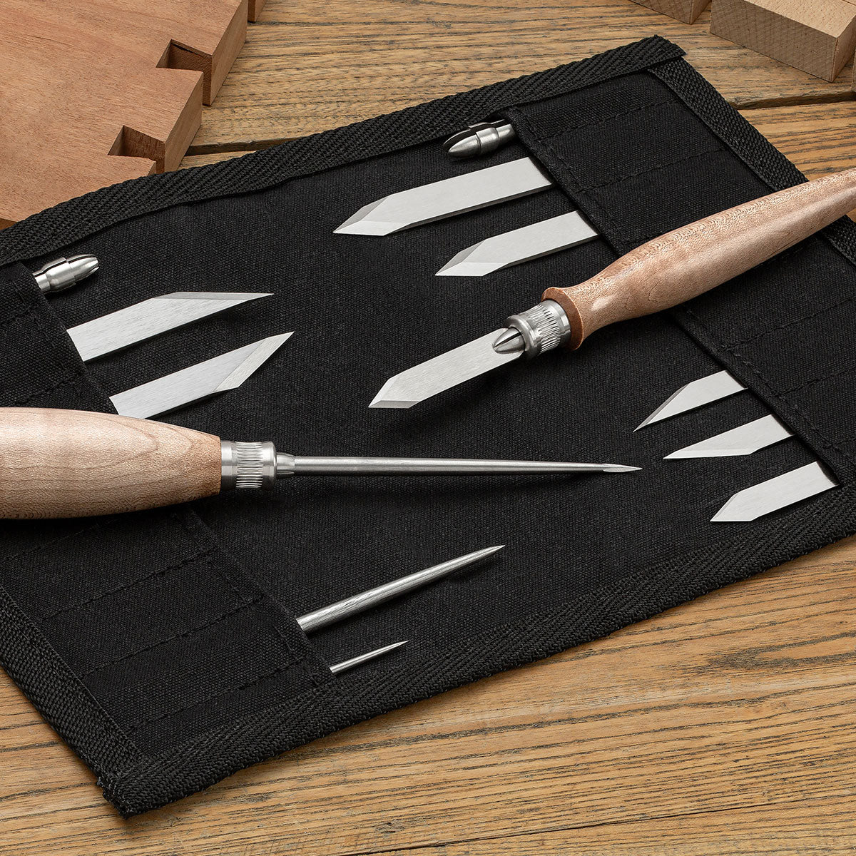  The Blue Spruce Full Marking Tool System Set in Resin-Infused Curly Maple.
