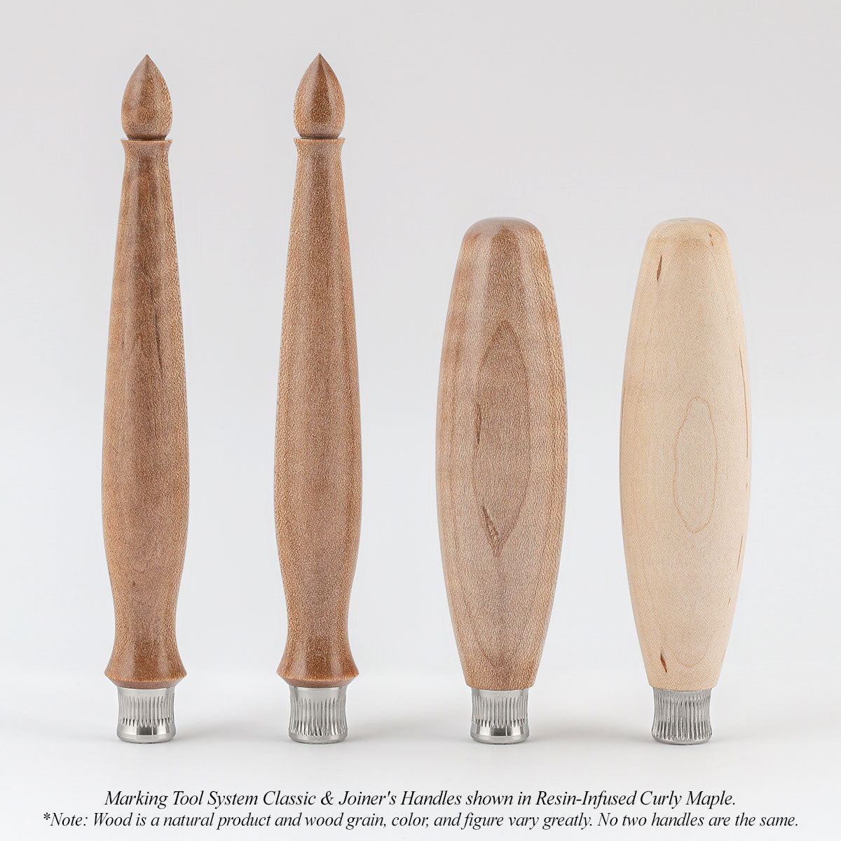 Marking Tool System Classic & Joiner's Handles shown in Resin-Infused Curly Maple. *Note: Wood is a natural product and wood grain, color, and figure vary greatly. No two handles are the same.