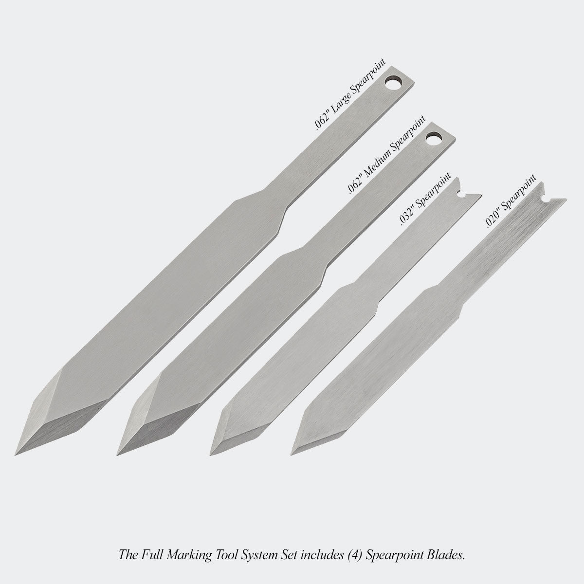 The Full Marking Tool System Set includes (4) Spearpoint Blades