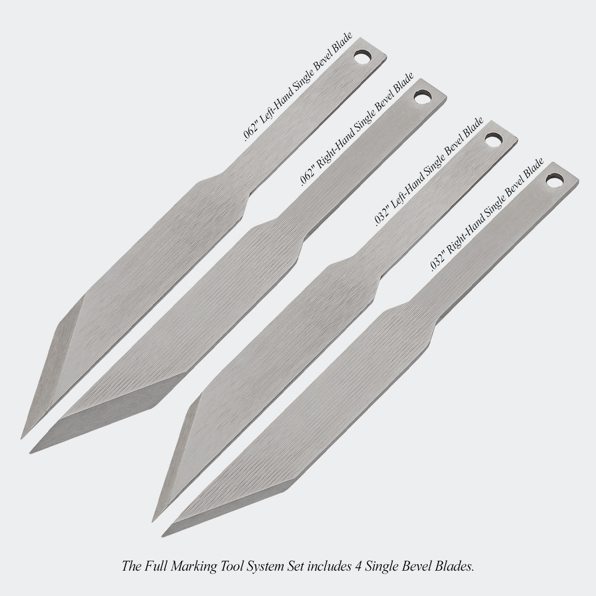 The Full Marking Tool System Set includes 4 Single Bevel Blades.