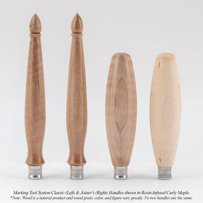 Marking Tool System Classic (Left) & Joiner's (Right) Handles shown in Resin-Infused Curly Maple. *Note: Wood is a natural product and wood grain, color, and figure vary greatly. No two handles are the same.
