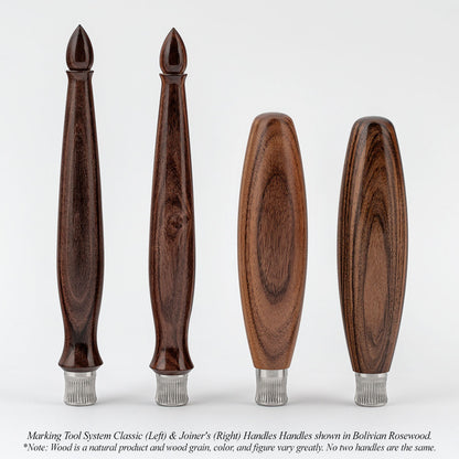 Marking Tool System Classic (Left) & Joiner's (Right) Handles Handles shown in Bolivian Rosewood. *Note: Wood is a natural product and wood grain, color, and figure vary greatly. No two handles are the same.
