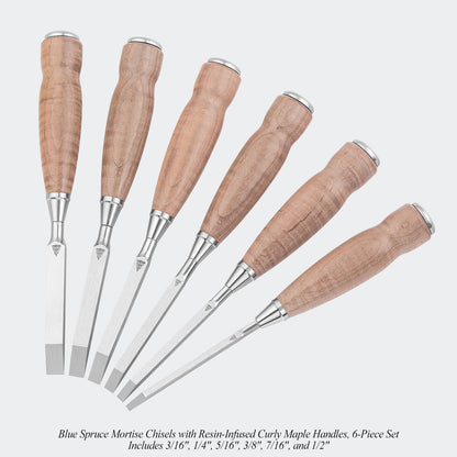 Blue Spruce Mortise Chisels with Resin-Infused Curly Maple Handles, 6-Piece Set. Includes 3/16", 1/4", 5/16", 3/8", 7/16", and 1/2".