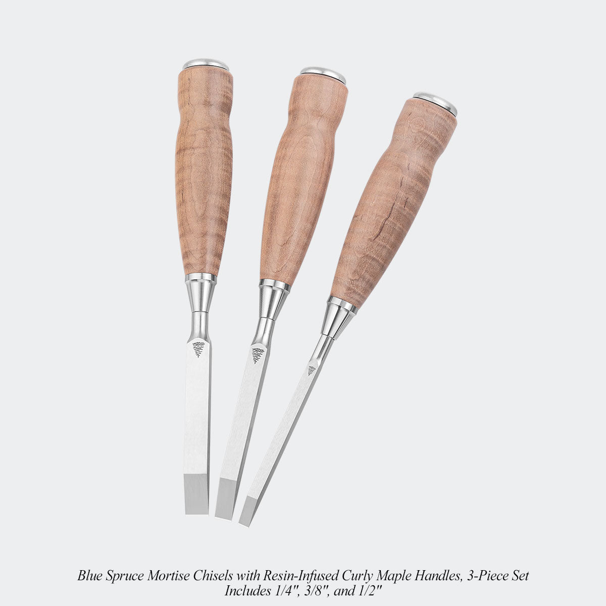 Blue Spruce Mortise Chisels with Resin-Infused Curly Maple Handles, 3-Piece Set. Includes 1/4", 3/8", and 1/2".