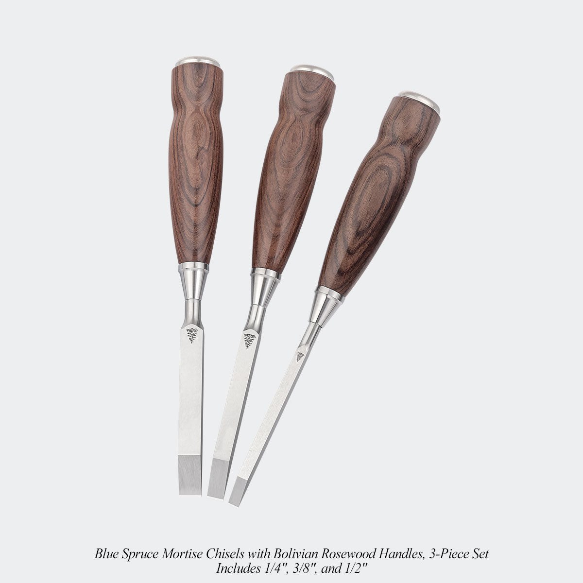 Blue Spruce Mortise Chisels with Bolivian Rosewood Handles, 3-Piece Set. Includes 1/4", 3/8", and 1/2"