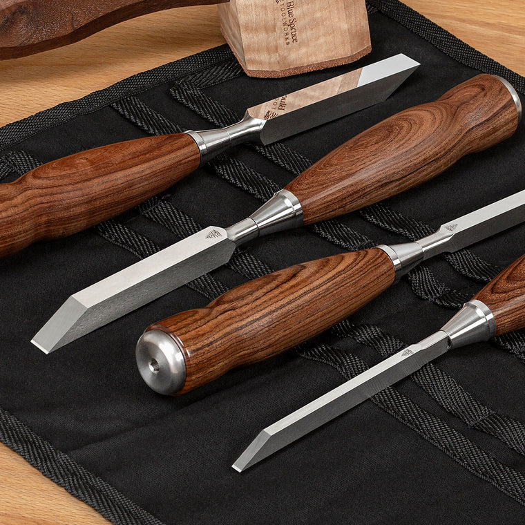 Optima Mortise Chisels shown with Bolivian Rosewood handles.