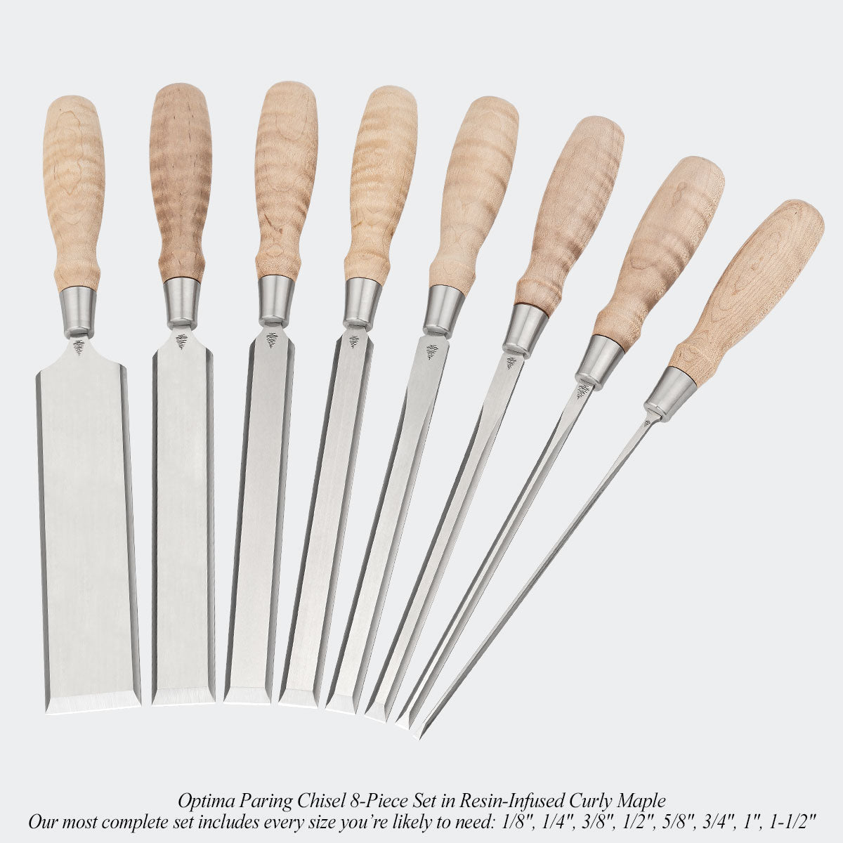 8 pc curly maple optima paring chisel