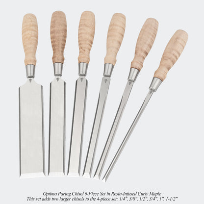 6 pc curly maple optima paring chisel