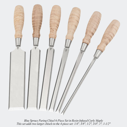 Blue Spruce Paring Chisel 6-Piece Set in Resin-Infused Curly Maple. This set adds two larger chisels to the 4-piece set: 1/4", 3/8", 1/2", 3/4", 1", 1-1/2"