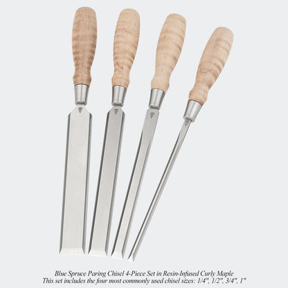 Blue Spruce Paring Chisel 4-Piece Set in Resin-Infused Curly Maple. This set includes the four most commonly used chisel sizes: 1/4", 1/2", 3/4", 1"