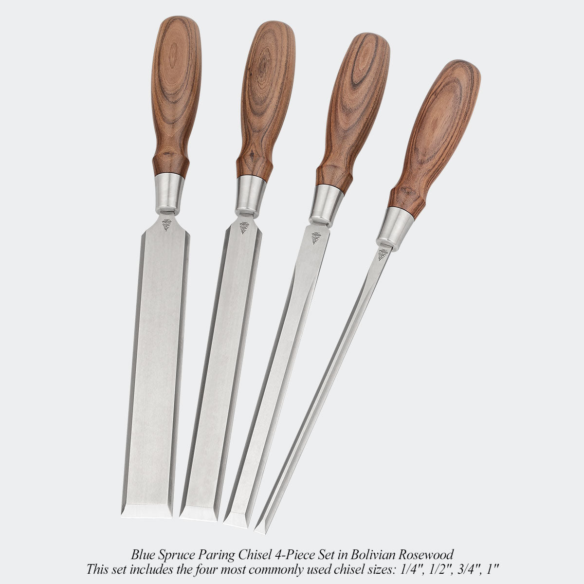 Blue Spruce Paring Chisel 4-Piece Set in Bolivian Rosewood. This set includes the four most commonly used chisel sizes: 1/4", 1/2", 3/4", 1"