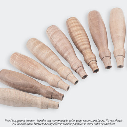 Wood is a natural product—handles can vary greatly in color, grain pattern, and figure. No two chisels will look the same, but we put every effort in matching handles in every order or chisel set.