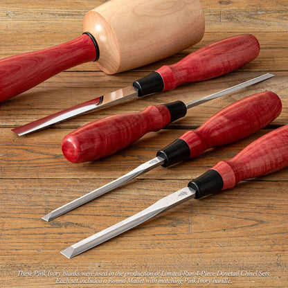 These Pink Ivory blanks were used in the production of Limited-Run 4-Piece Dovetail Chisel Sets. Each set included a Round Mallet with matching Pink Ivory handle.