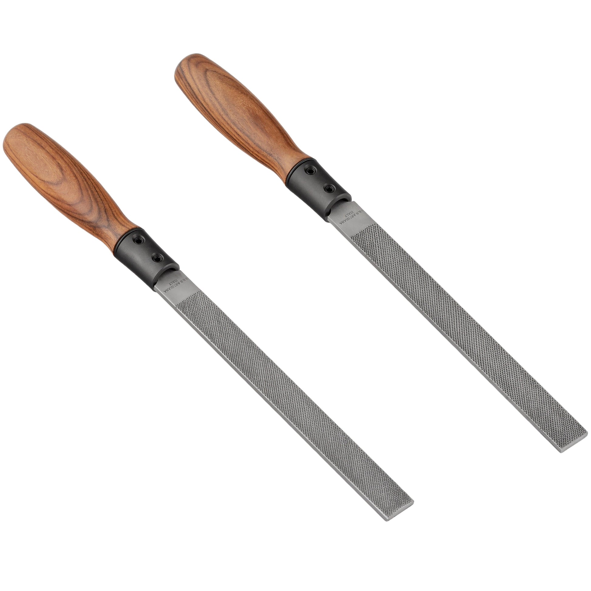 Two wood rasps with wooden handles on a white background
