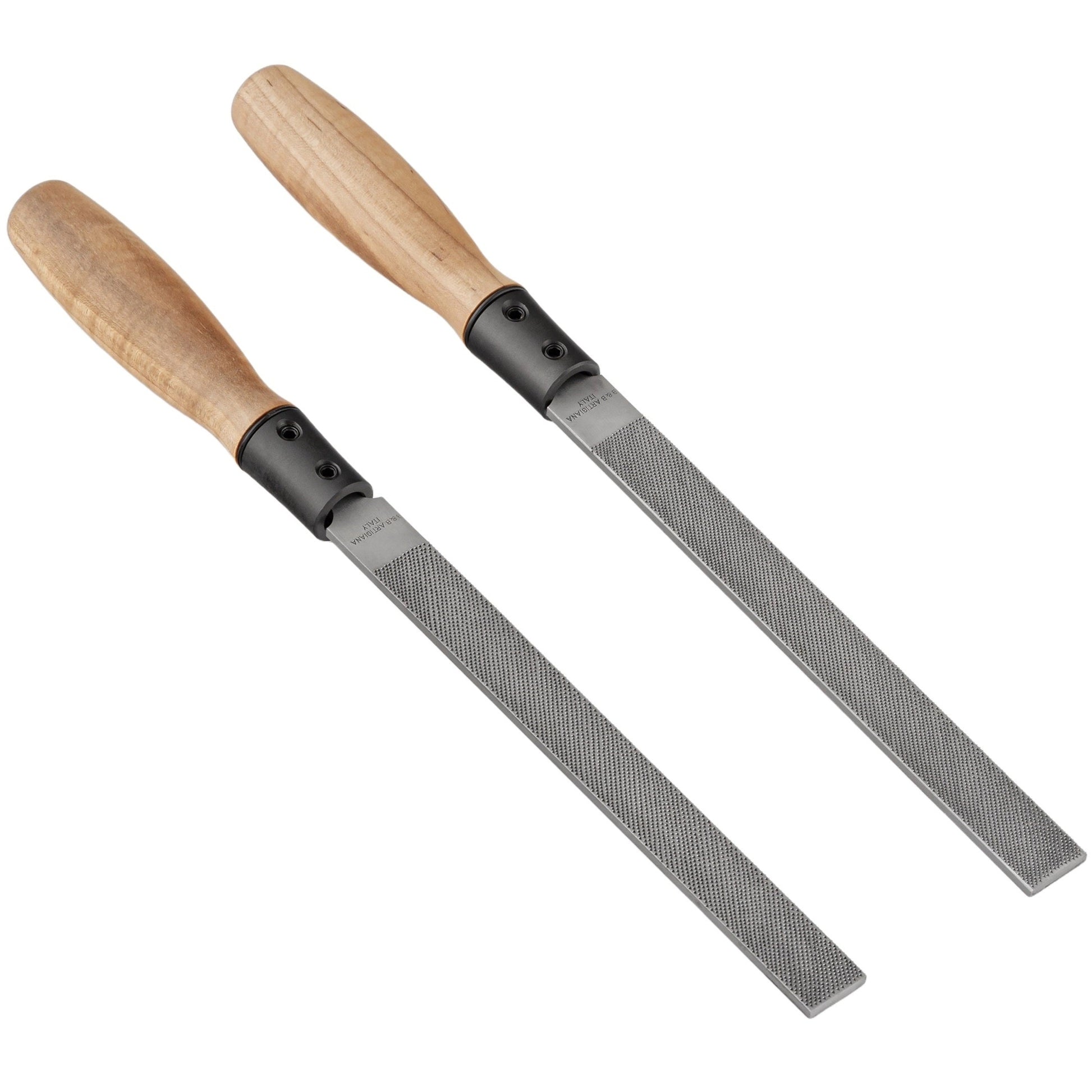 Two wood rasps with wooden handles on a white background