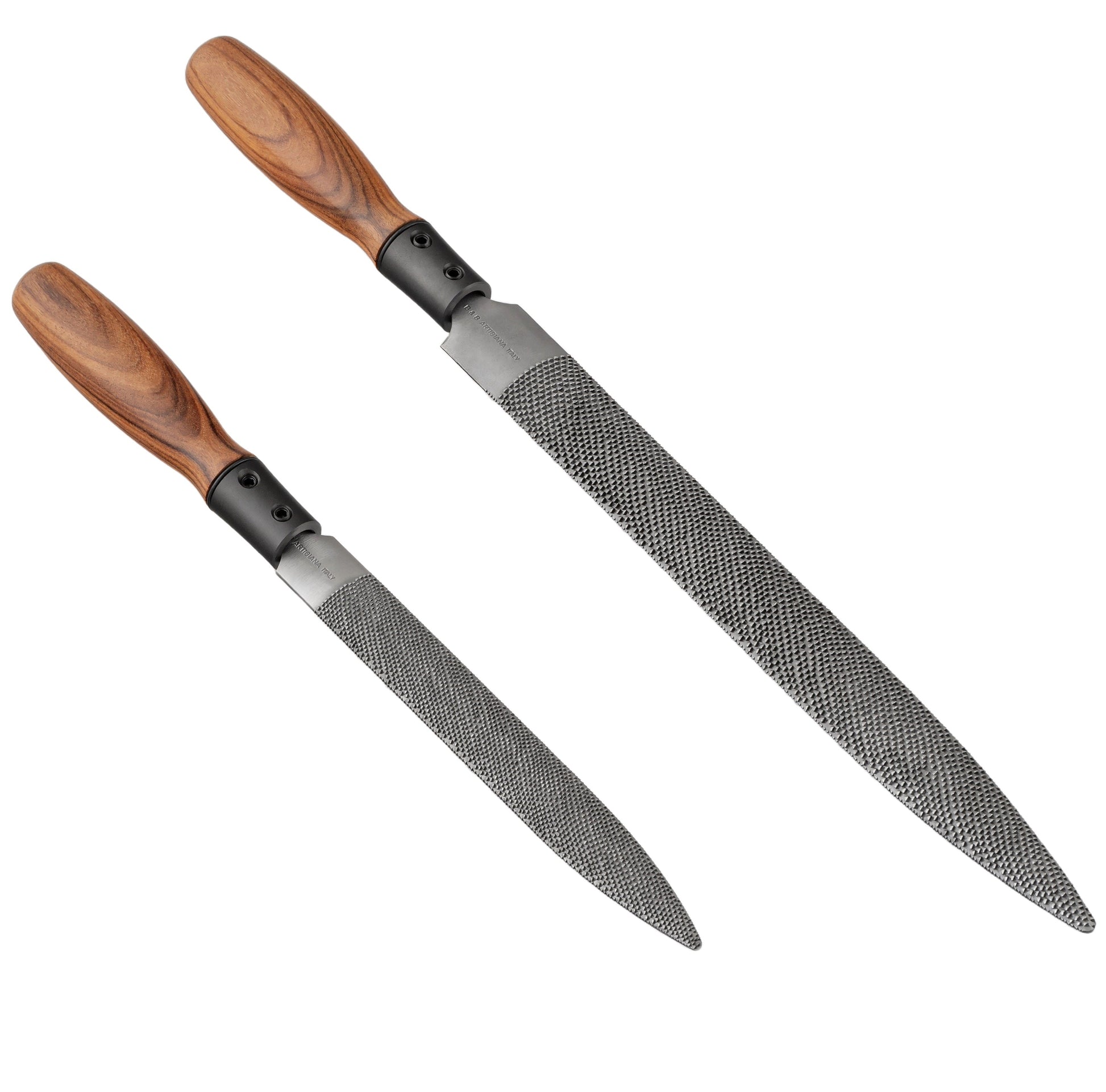 Two wood rasps with wooden handles on a white background