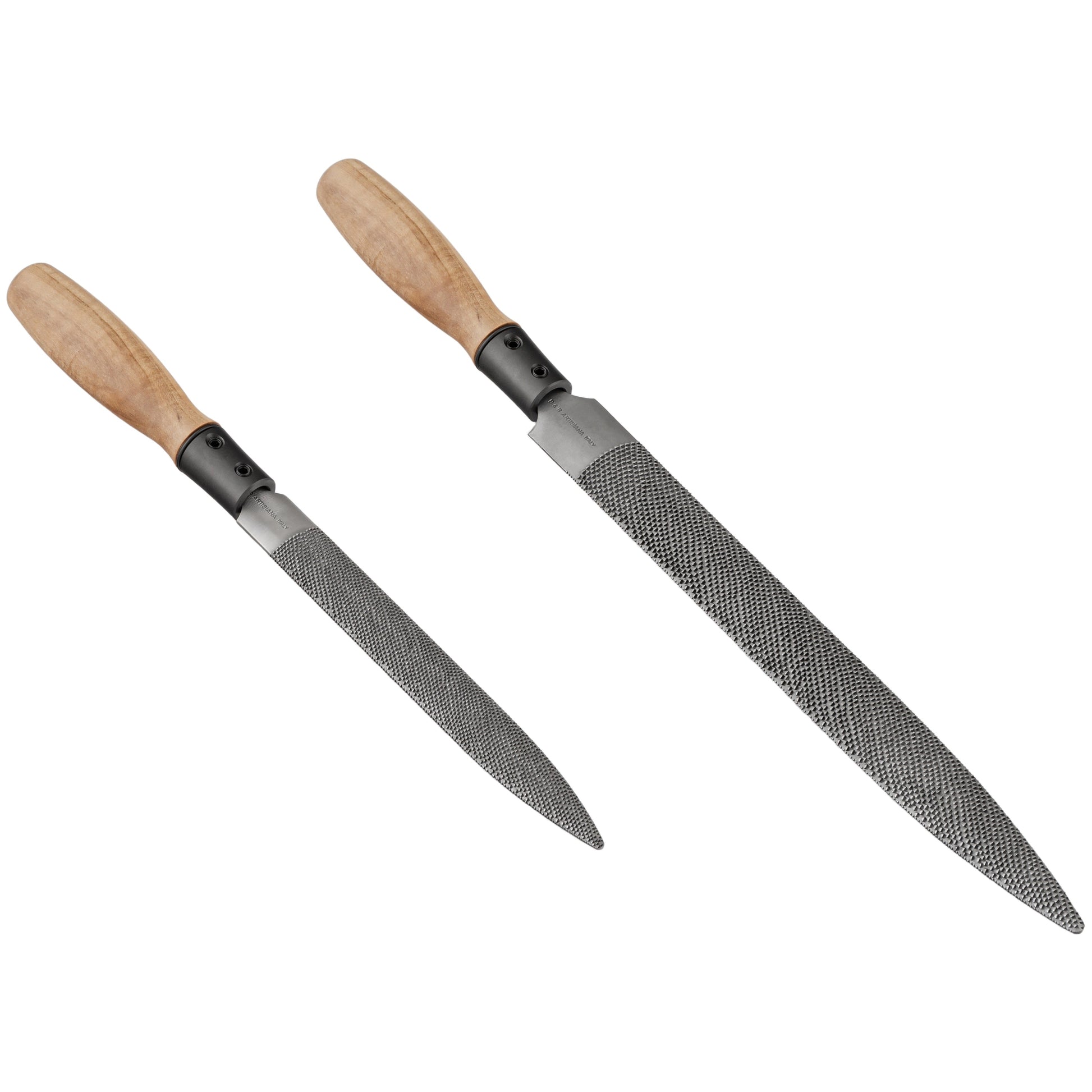 Two wood rasps with wooden handles on a white background
