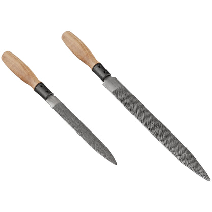 Two wood rasps with wooden handles on a white background