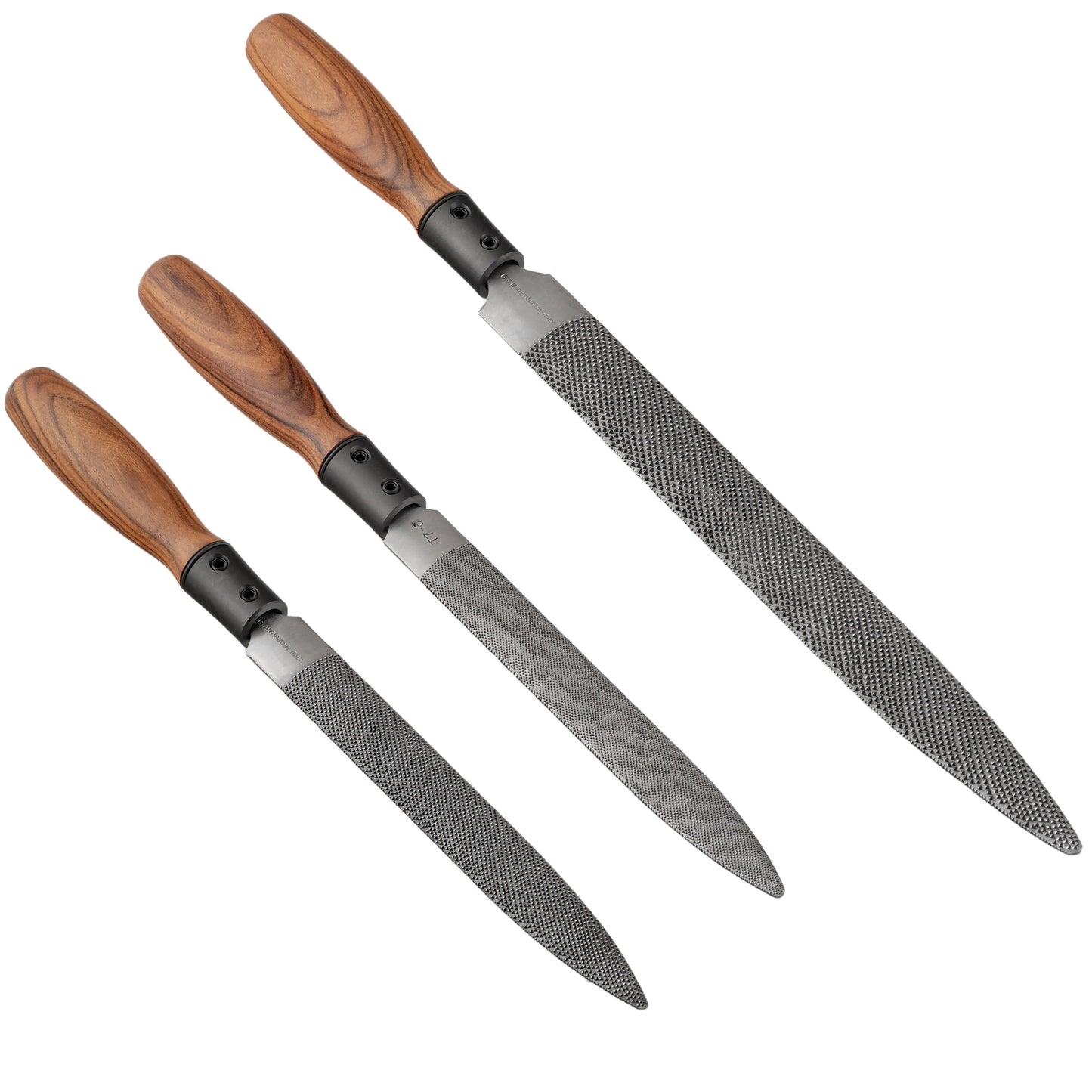 Three wood rasps with wooden handles on a white background