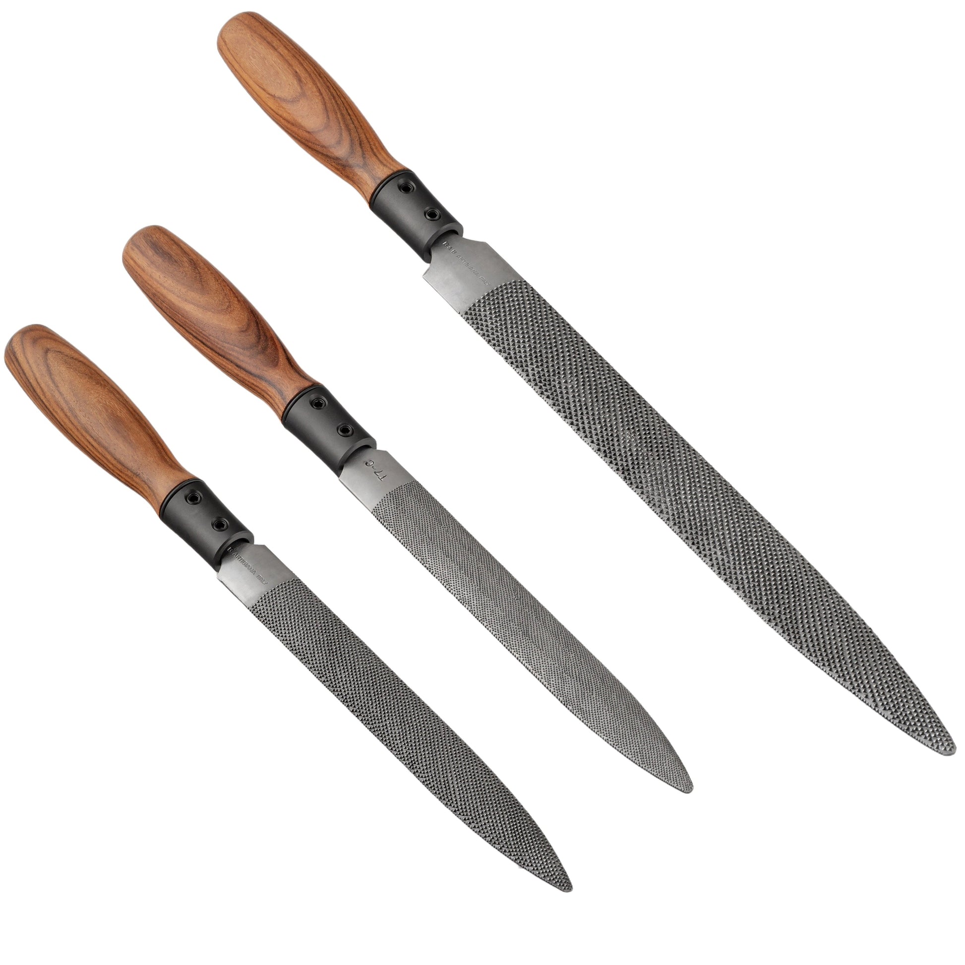 Three wood rasps with wooden handles on a white background