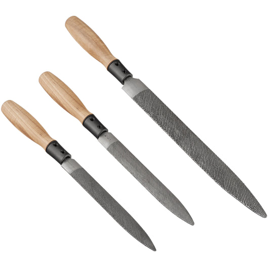 Three wood rasps with wooden handles on a white background