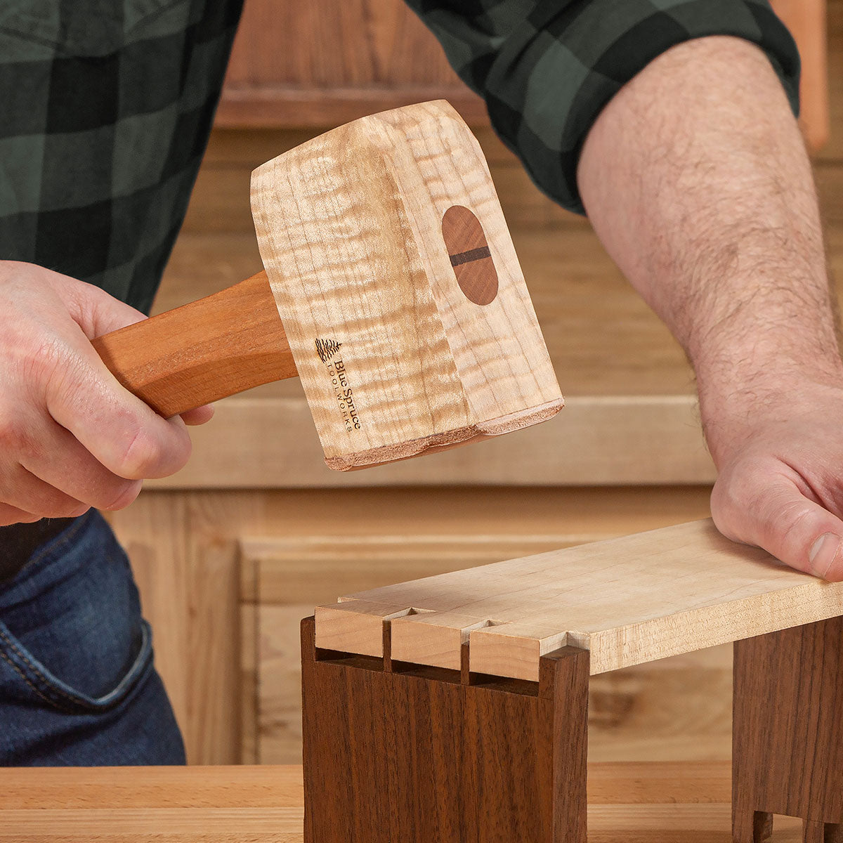 The Small Rectangular Mallet is ideal for dovetailing, furniture assembly and smaller mortising. Shown with Cherry handle.