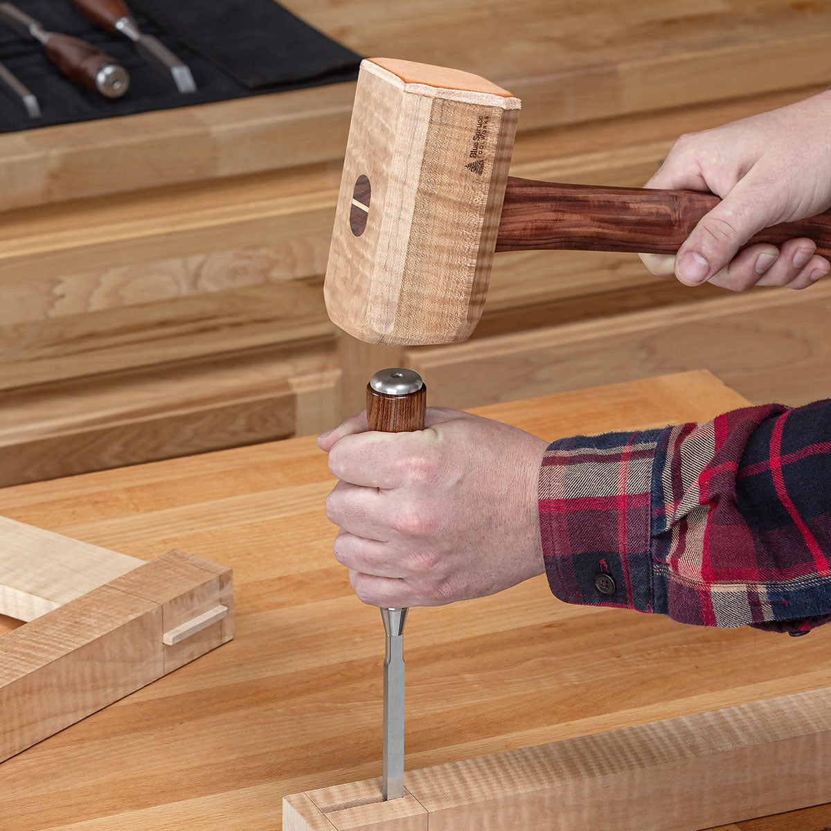 The Large Rectangular Mallet is perfect for large mortise and tenon work. Shown with Bolivian Rosewood handle.