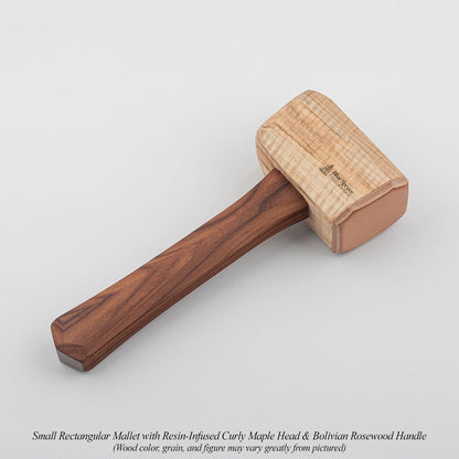 Small Rectangular Mallet with Resin-Infused Curly Maple Head & Bolivian Rosewood Handle.