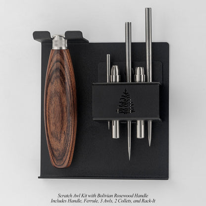 Scratch Awl Kit with Bolivian Rosewood Handle. Includes Handle, Ferrule, 3 Awls, 2 Collets, and Rack-It.