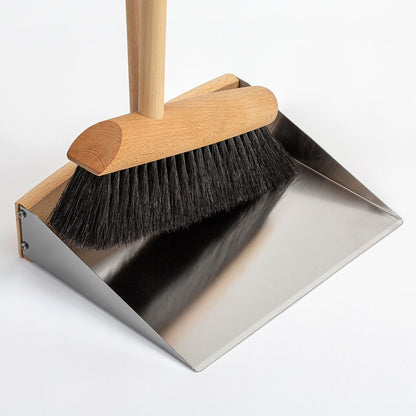 Stainless-steel dustpan and broom measure 10” wide