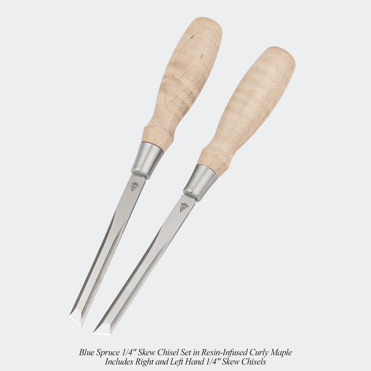 Blue Spruce 1/4" Skew Chisel Set in Resin-Infused Curly Maple. Includes Right and Left Hand 1/4" Skew Chisels