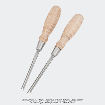 Blue Spruce 3/8" Skew Chisel Set in Resin-Infused Curly Maple. Includes Right and Left Hand 3/8" Skew Chisels