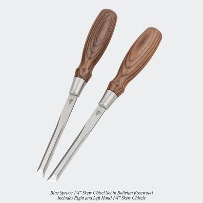 Blue Spruce 1/4" Skew Chisel Set in Bolivian Rosewood. Includes Right and Left Hand 1/4" Skew Chisels