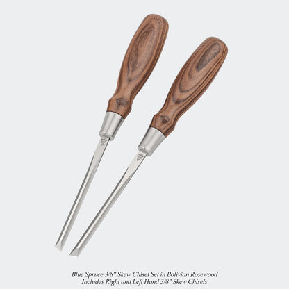 Blue Spruce 3/8" Skew Chisel Set in Bolivian Rosewood. Includes Right and Left Hand 3/8" Skew Chisels