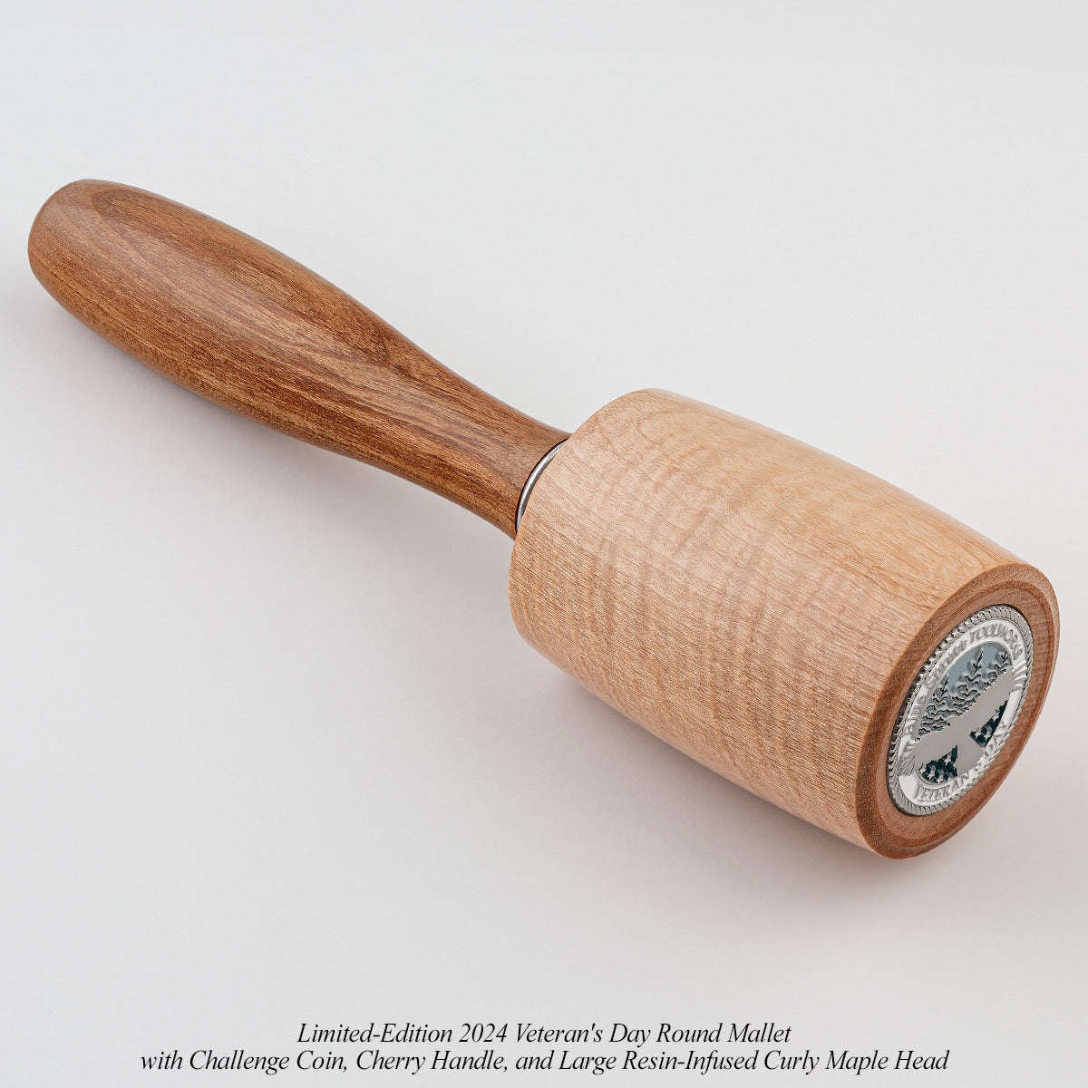 Limited-Edition 2024 Veteran's Day Round Mallet with Challenge Coin, Cherry Handle, and Large Resin-Infused Curly Maple Head.
