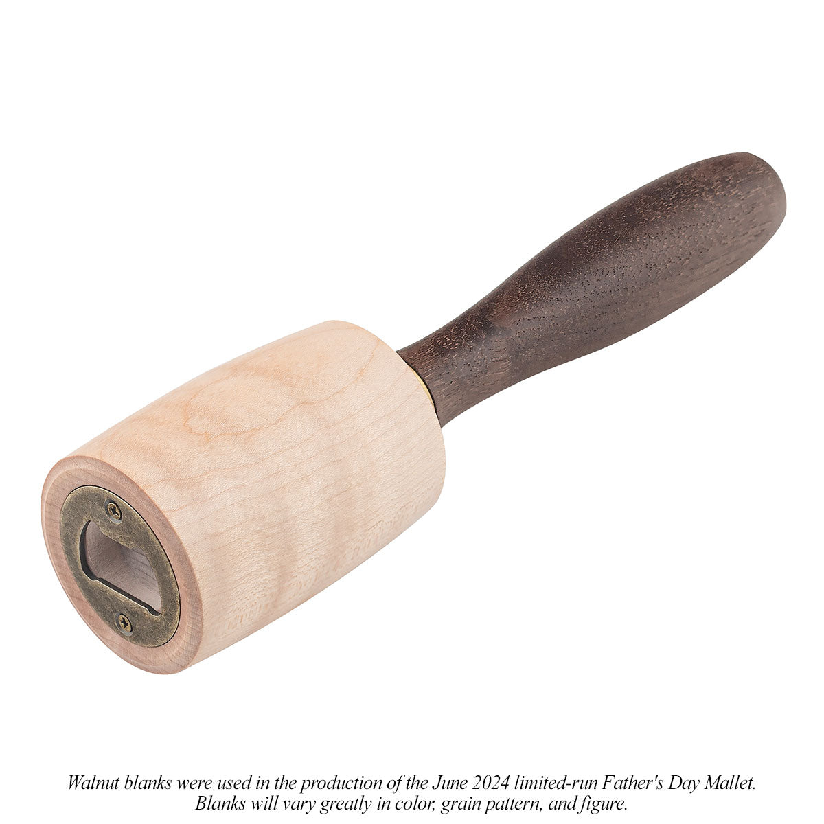 Walnut blanks were used in the production of the June 2024 limited-run Father's Day Mallet. Blanks will vary greatly in color, grain pattern, and figure.