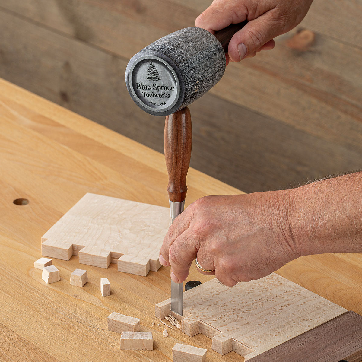 Cutting dovetails using the Limited-Edition XL Round Mallet.